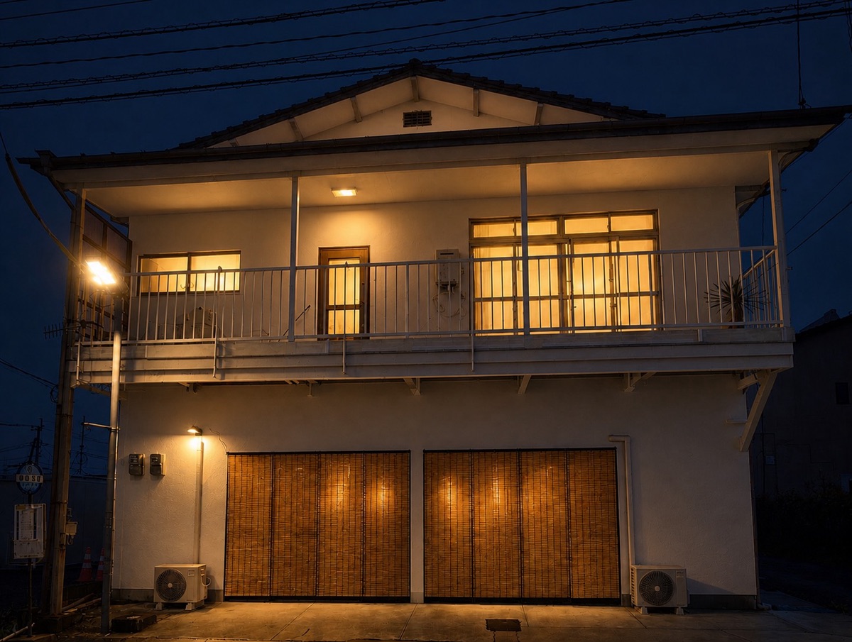 夕暮れに窓の明かりが灯る高森ゲストハウスの外観