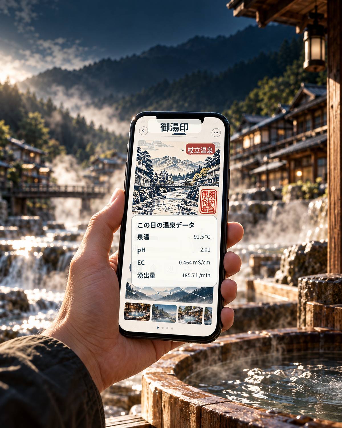 スマートフォンに表示された御湯印と、その日の温泉データの画面イメージ